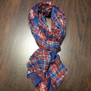 Blue scarf with red rose pattern